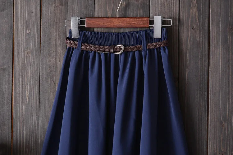 Midi Knee Length Summer Skirt Women With BeltFashion Korean Ladies High Waist Pleated A-line School Skirt Female