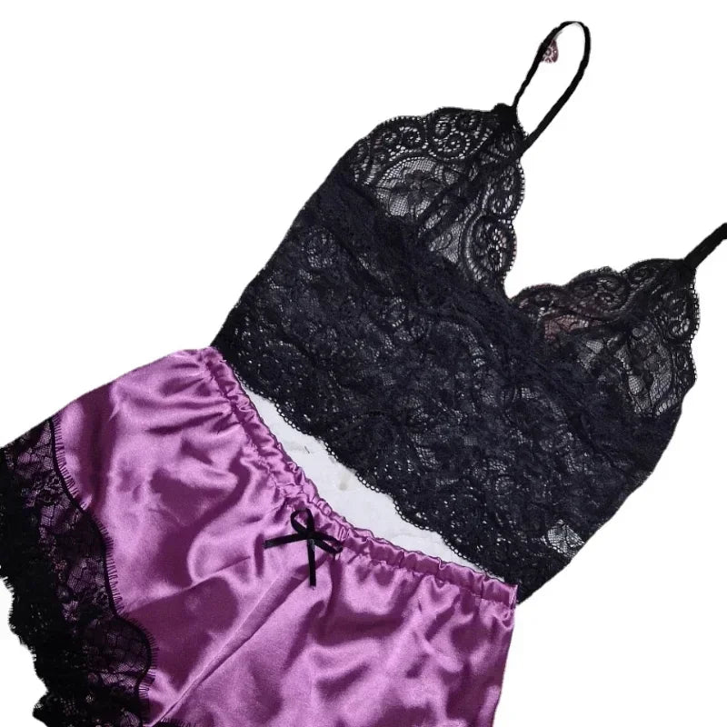 2 Pieces Pajamas Set for Women Sleepwear Sexy Lingerie Lace Silk Crop Tops and Shorts Sets Casual Nightwear Pijamas
