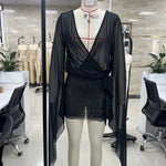 Yiiciovy Women Mesh Sheer Mini Dress Beach Cover Ups Long Sleeve V Neck Backless Solid Color See Through Cocktail Dress