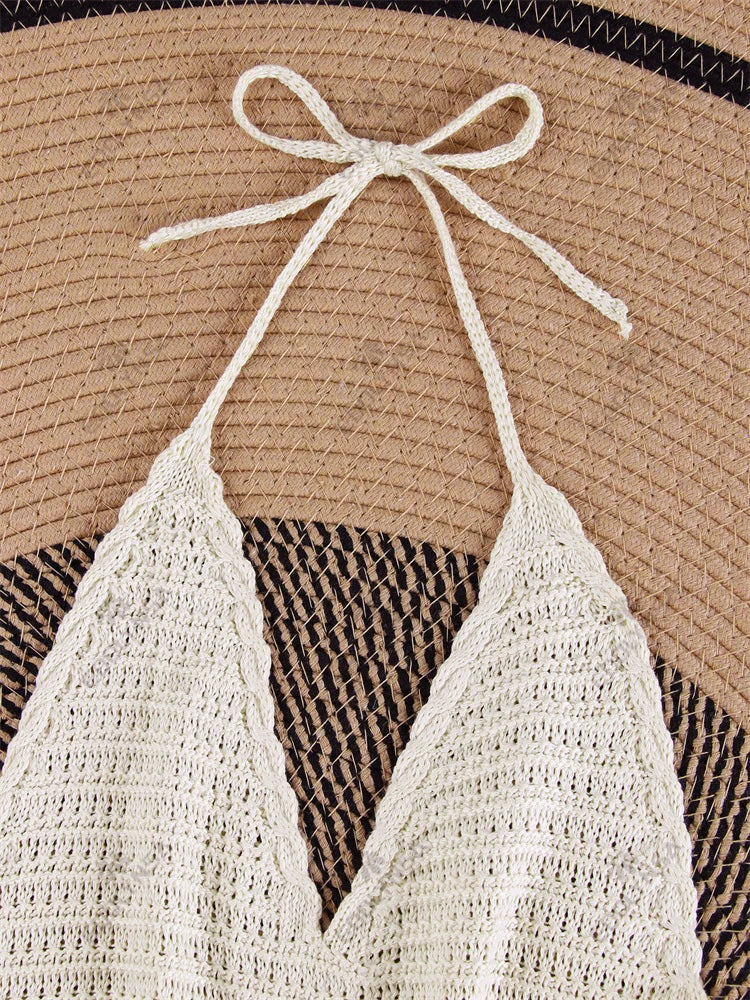 Solid Knit Halter V-neck Side Cross Straps Slim Beach Mini Dress 2026 Women Crochet Beach Swimsuit Cover Up Vacation Outfit K104