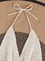 Solid Knit Halter V-neck Side Cross Straps Slim Beach Mini Dress 2026 Women Crochet Beach Swimsuit Cover Up Vacation Outfit K104