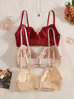 3PCS/Set Women's Floral Lace Bra Set French Underwear Comfortable Push up Bra Intimates Lingerie with Rhinestone Bow