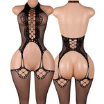 Desire Night EroticOpen Back Bras BodySuits Hanging Neck Bodystockings Crotchless Lingerie Women Sexy Mesh Hollow Underwear Set
