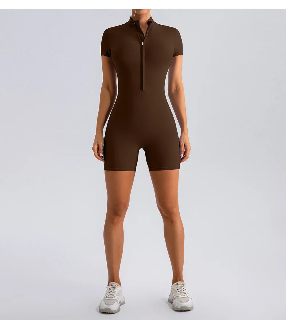 Yoga Jumpsuit Fashion Zipper Dance Short Playsuit Women Romper Short Sleeve Gym Fitness Overalls One Piece Sports Suit Unitard
