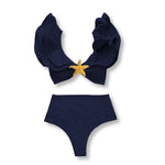 3 Pieces Sexy Bikinis Set Shoulder Ruffle Swimsuit Women 2025 Swimwear Shiny Star Swim Suits Female Bodysuit Bathsuit Beachwear