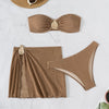 Brown Solid Swimwears Strapless Bandeau Bikinis Sets 3 Pieces Cover Up Sexy Swimsuit Woman 2026 Metal Buckled Bikini Beachwear test