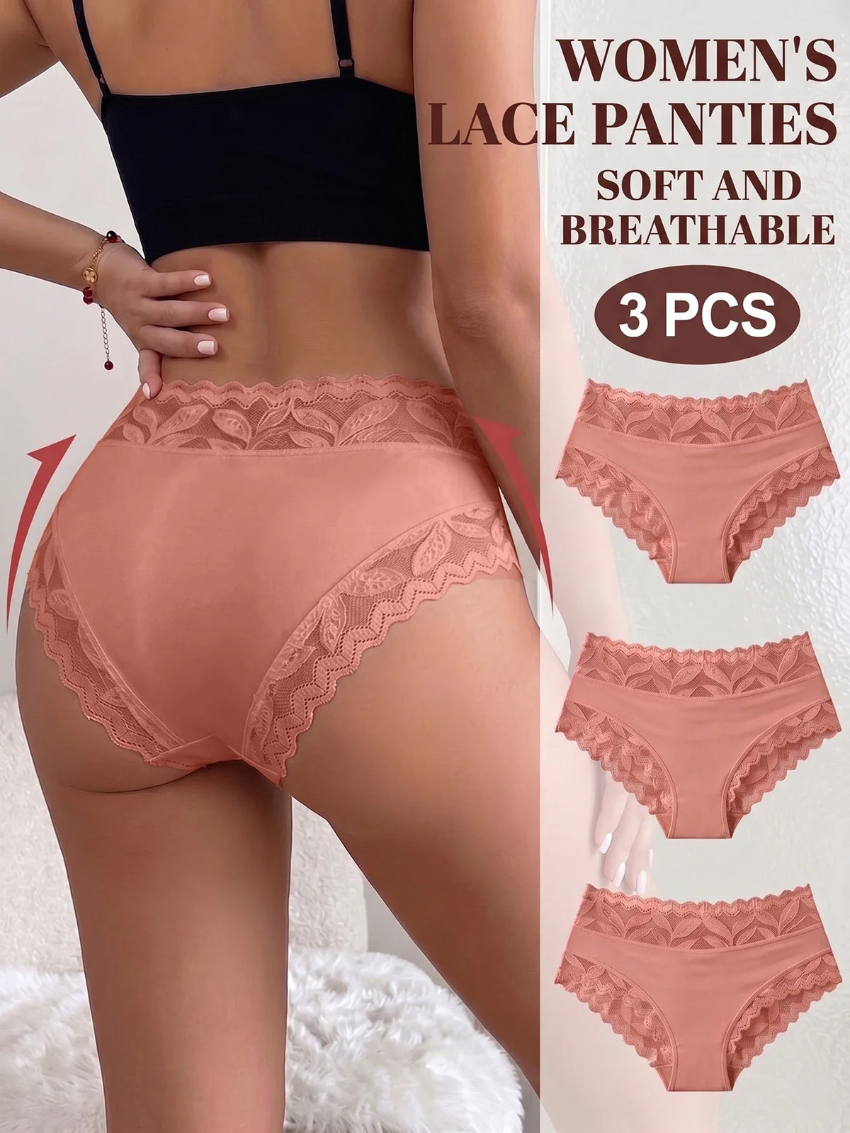 3PCS/Set Women's Sexy Lace Panties High Waist Hollow Out Briefs Breathable Underwear Female Elastic Soft Lingerie XS-XXL
