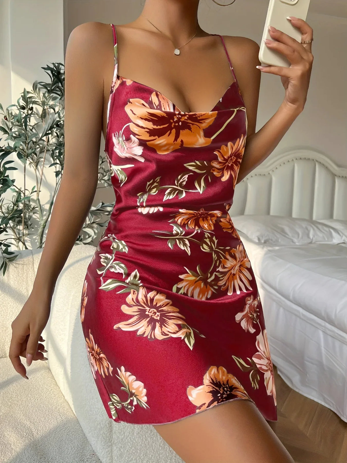 Sexy Short Backless Home Nightgown Solid Color Women's Robes V-neck Cross Suspender Skirt Simulated Silk Thin Dress for Women