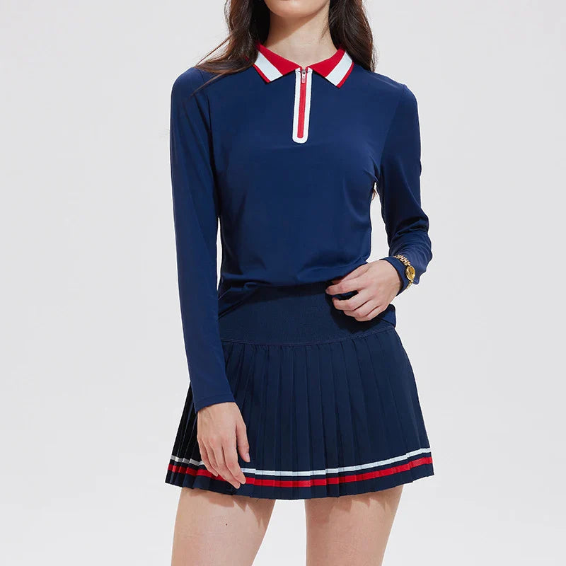 VITALINOVO Tennis Skirt Sets for Women Zipper Color Block Shirts High Waisted Golf Polo Two Piece Skirt Set Women 2 Piece Outfit
