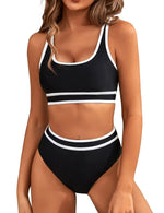 Women's High Waisted Bikini Sets 2026 Sporty Two Piece Swimsuits Color Block Cheeky High Cut Bathing Suits Summer Biquini Black