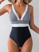 Vintage Black Striped Patchwork One Piece Swimsuit Women Deep V Neck Slim Tummy Control Swimwear Beach Backless Bathing Suits