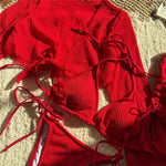 Beige Mesh Halter String Triangle Micro Thong Bikinis Sets 4 Pieces Long Sleeve Cover Ups Sexy Swimsuit Women Holiday Swimwear