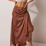 Solid Women Long Skirts Summer Elegant Low Waist Lace Satin Patchwork Skirts with Lace Flower Vintage Skirts Ball Gown Skirts