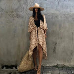 2024 New Summer Sexy Beach Kimono Swimwear Cotton Cover Up Swimsuit Women Print Bikini Cover Up Beachwear Dress Robe