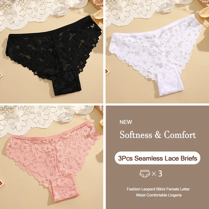 3Pcs Lace Sexy Transparent Panty Women's Panties Sexy Breathable Pink-Brown Series Underwear Female Low Waist Soild Lingerie