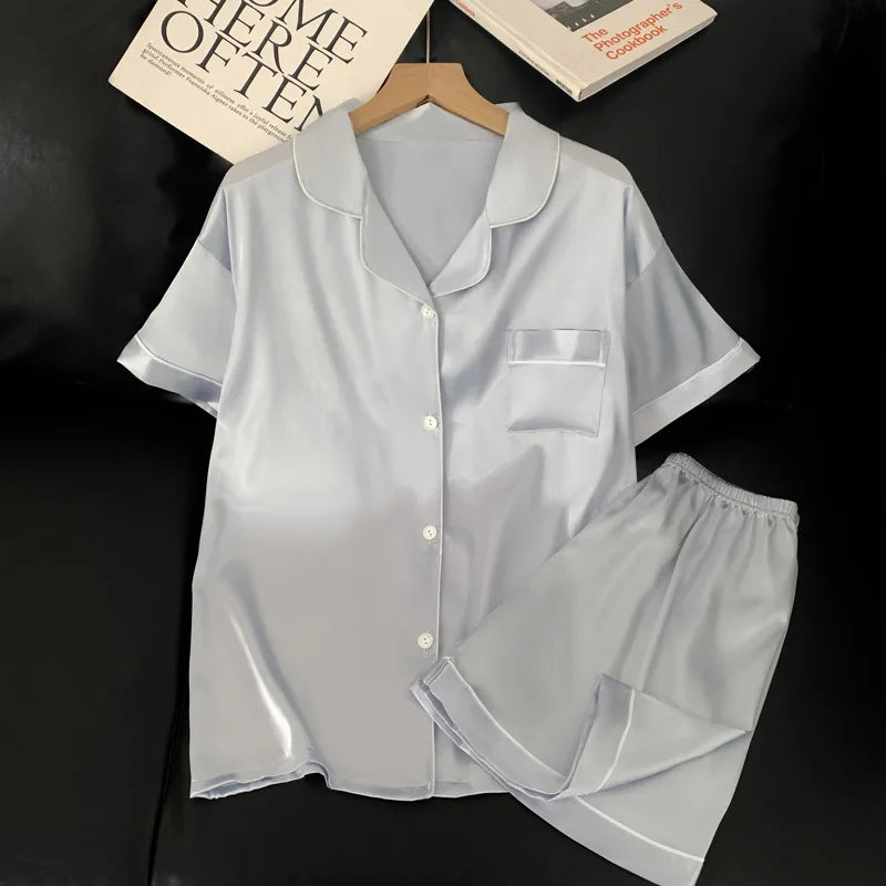 Sweet Simple Ice Silk Pajamas for WomenThin Short-sleeved Home Clothes Suit Nightwear Women's Pajamas Set Nightie Summer