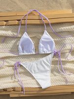 Sexy 3D Floral Bikini Set 2025 Women White Pink Contrast Push Up Bra Tie Side Thong Swimsuit Beach Bathing Suit Micro Swimwear