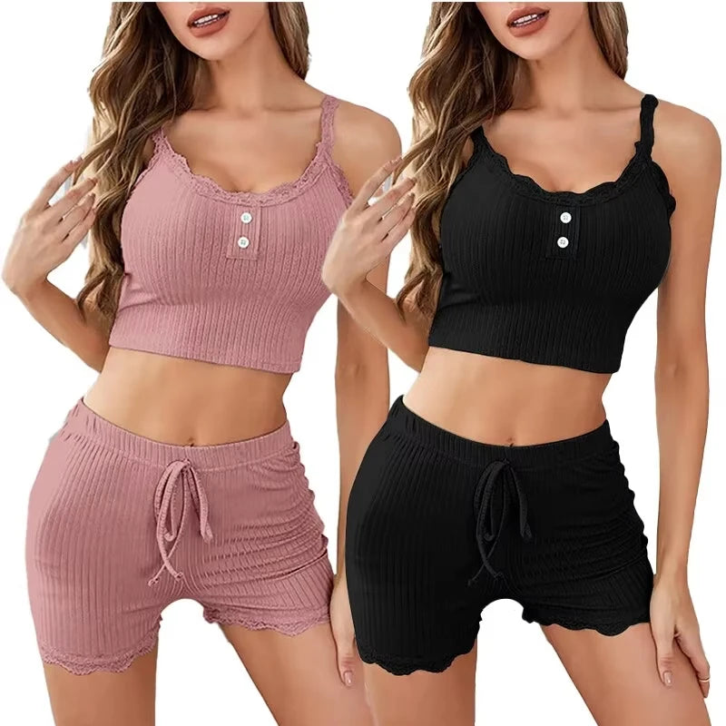 Womens Two Piece Pajama Set Ribbed Knit Lace Trim Crop Cami Top And Shorts Summer Loungewear Sleepwear Homewear New hot selling