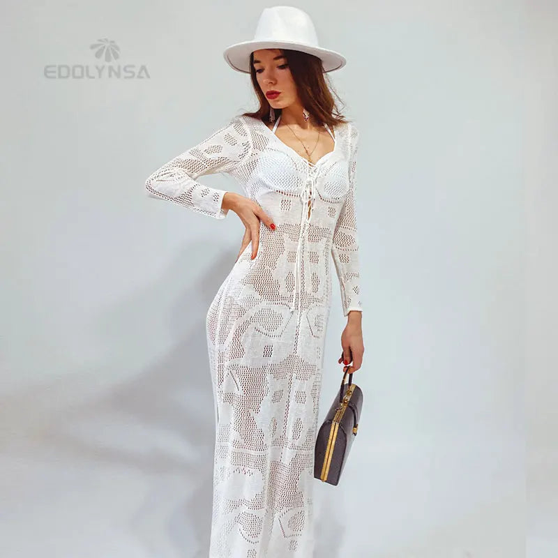 New Arrivals Sexy Beach Cover up Crochet Women Swimwear Rash Guard Beach Kaftan Wrap Dress Robe de Plage Saida de Praia #Q194