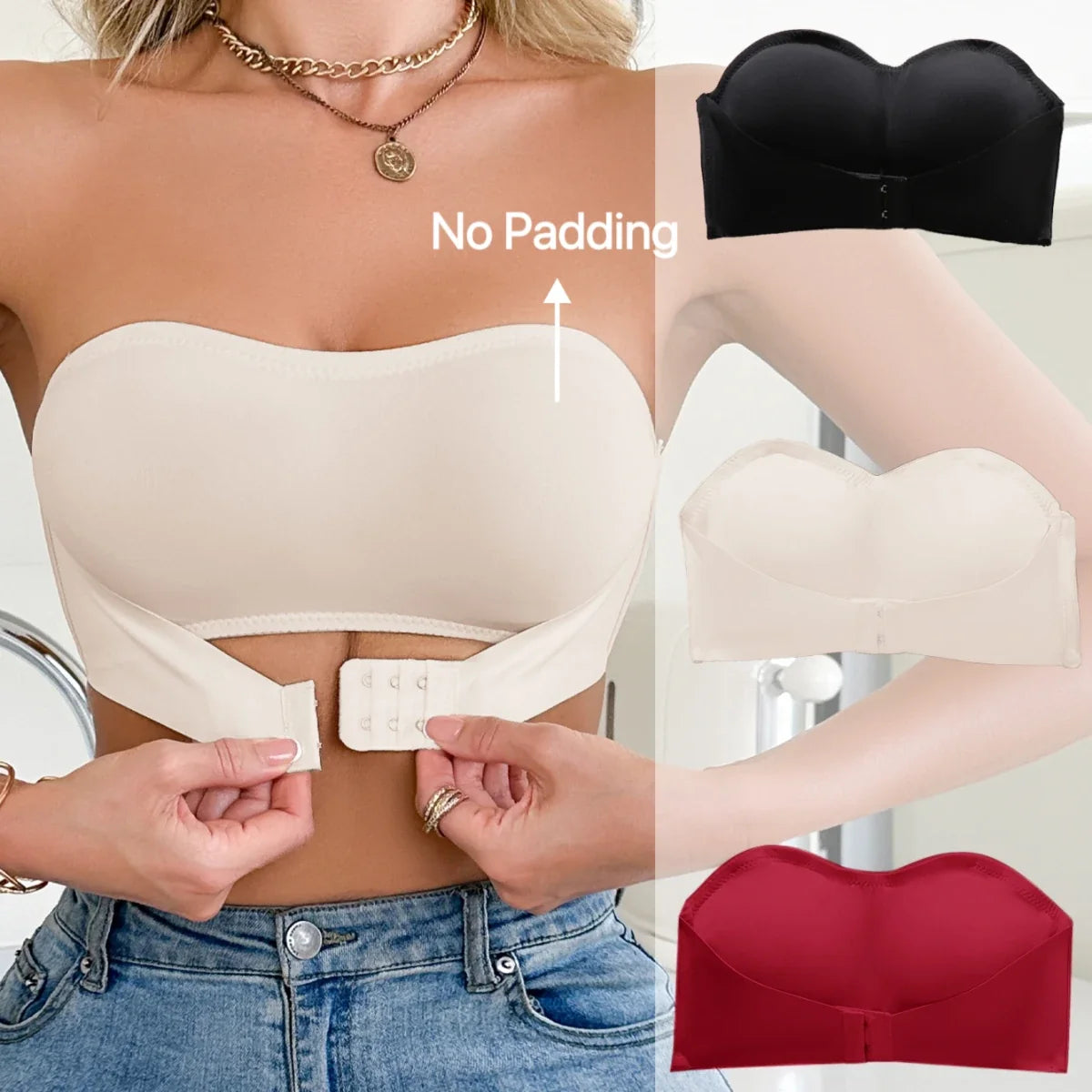 3PCS Daily Strapless Women's Bra Seamless Unlined wireless front closure Push-up bra Trendy Solid Comfortable Lingerie