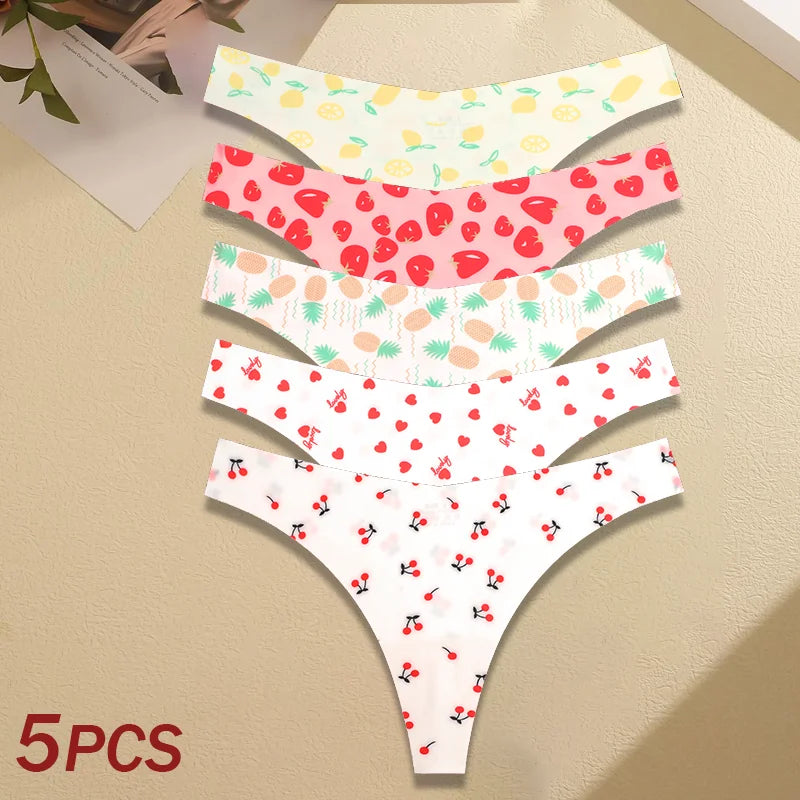 5Pcs Women G-string Seamless Sweet Fruit Thongs Low-waist Panties Ladies Soft Cute Thongs Female S-XL T-Back Panties Underwear