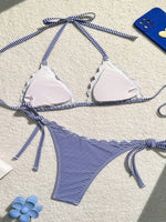 Women's Blue Stripe Print Two Piece Swimsuit Sexy Mini Triangle Cup Bra Halter Backless Bikini Set 2024 Summer Beach Swimwear