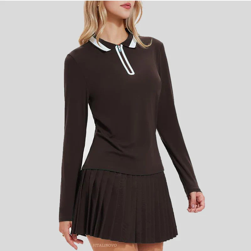 VITALINOVO Tennis Skirt Sets for Women Zipper Color Block Shirts High Waisted Golf Polo Two Piece Skirt Set Women 2 Piece Outfit