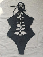 Hollow Out Swimwear Women 2025 High Neck Solid Black Cut Out Backless Monokini Bandage Bathing Suit Holiday One Piece Swimsuit