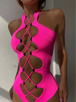 Sexy Black Hollow Out Swimwear Women 2026 High Neck Backless Monokini Lace Up Bandage Bathing Suit Holiday One Piece Swimsuit