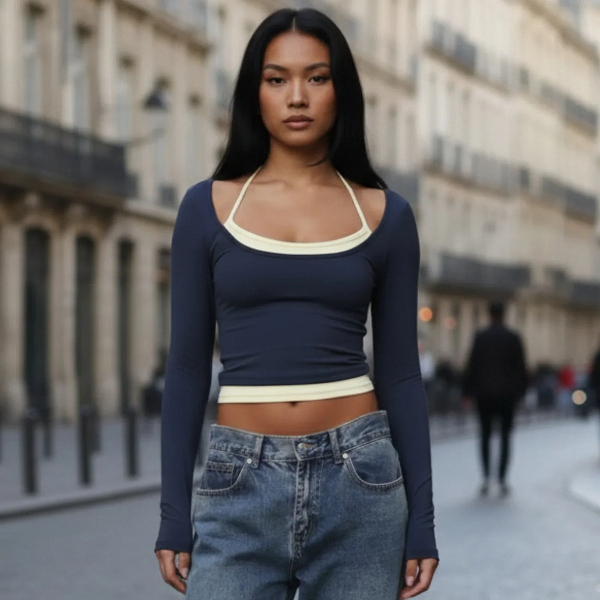 Women Spring Fall Basic Tops Long Sleeve Square Neckline T-shirts with Cream Trim Stylish Streetwear