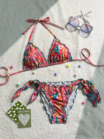 Cute Orange Floral Print Bikini Set Women Halter Ruffles Push Up Tie Side Thong Swimsuit 2026 Summer Bathing Suit Micro Swimwear