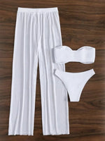 Bandeau Bikini 2024 Women Sexy White Cut Out V Bra Mesh Long Panties 3 Piece Swimsuit Beach Bathing Suit High Waist Swimwear