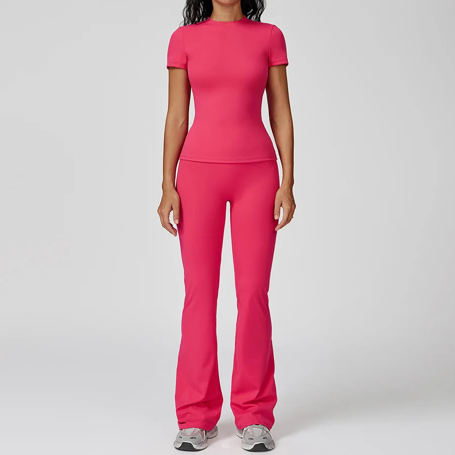 New Yoga Set Two Piece Women Short Sleeve Top with High Waist Leggings Seamless Workout Clothes Patchwork Sport Fitness Gym Sets