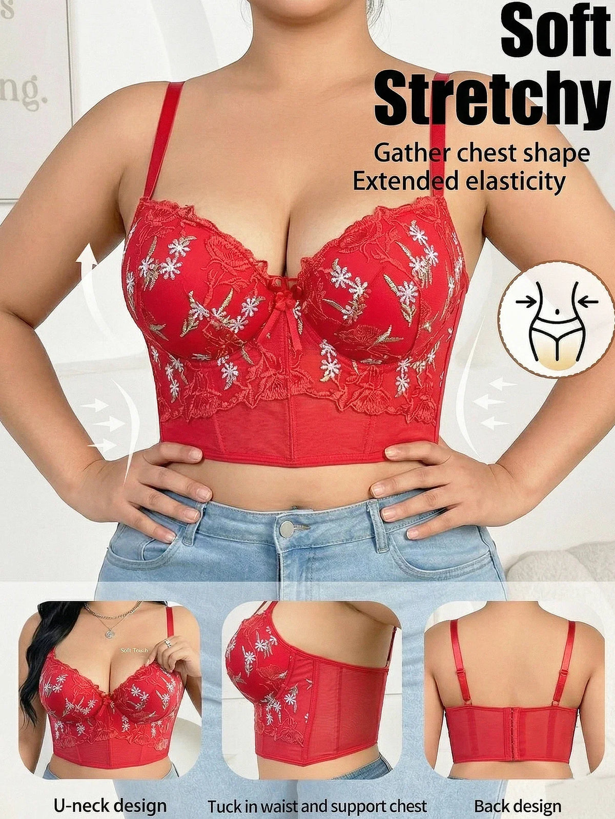 Women's Floral Embroidery Lace Push Up Bra With Underwire Longline Shaping Side Support Minimizer Comfortable Bra