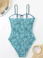 Vintage Coffee Leaves Print One Piece Swimsuit 2026 Women Beaded String Hollow Out Backless Mesh Slim Fit Tummy Control Swimwear