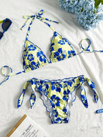 Cute Orange Floral Print Bikini Set Women Halter Ruffles Push Up Tie Side Thong Swimsuit 2026 Summer Bathing Suit Micro Swimwear