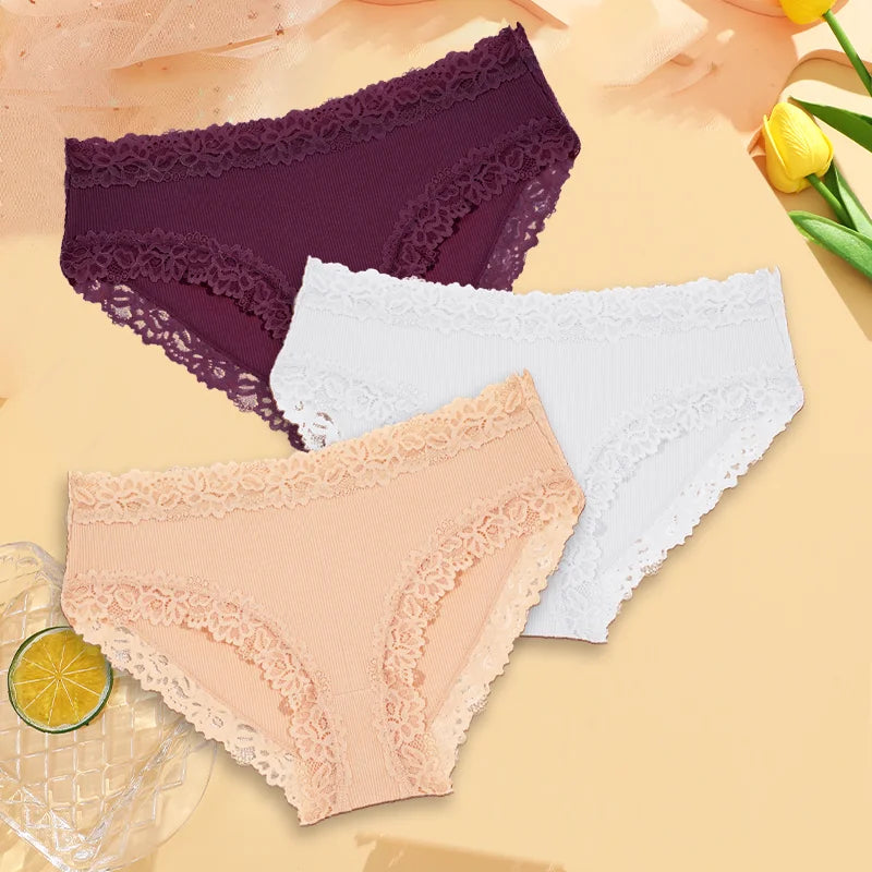 3Pcs Sexy Cotton Lace Panty Women Low Waist Panties Underwear S-XL Solid Color Ladies Briefs Lingere Underware Comfortable Women