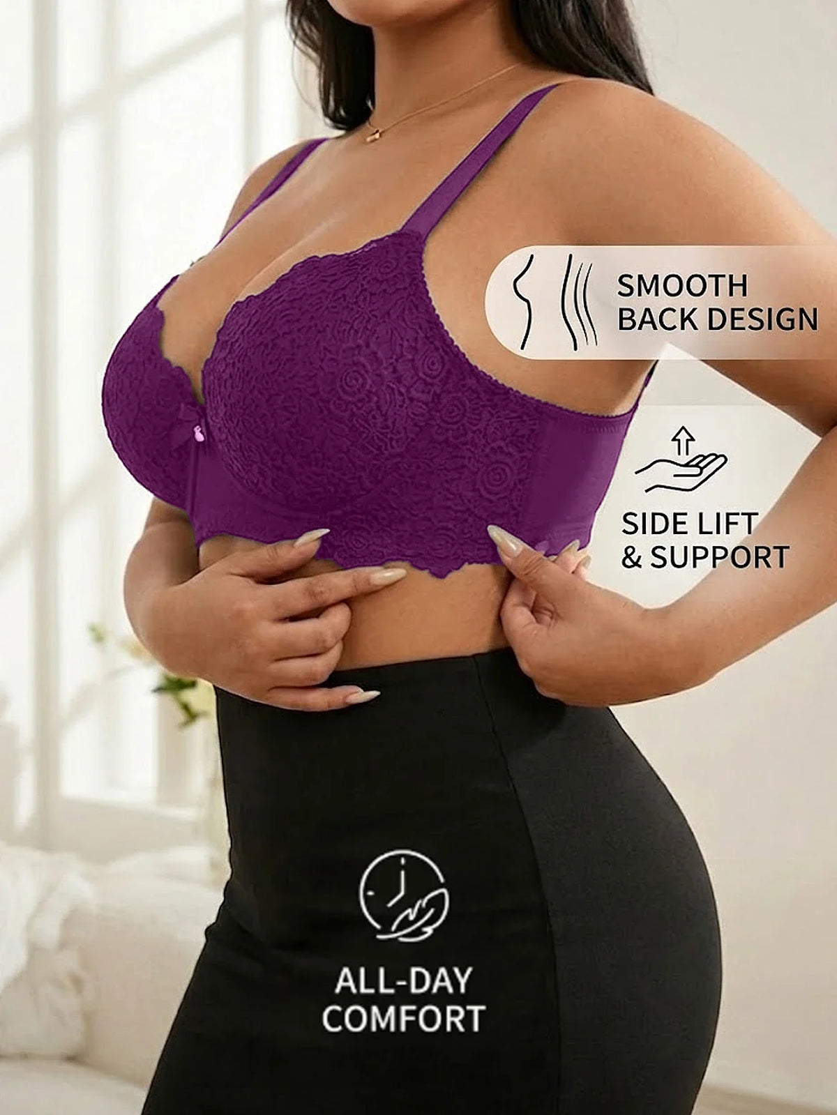 Plus Size Floral Lace Women Push-Up Bra Underwire Support Anti-Sagging Underwear Comfy Wide Straps Thin Cup Daily Lingerie Bra