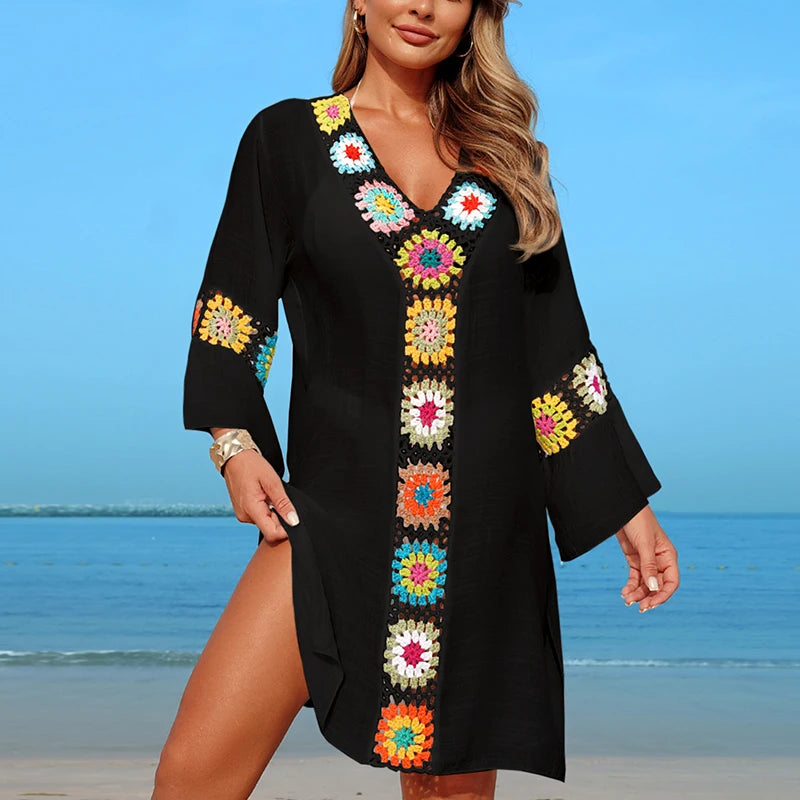 Hand Crochet Multicolour Flower Block Beachwear Cover Up Beach Vacation Casual See-Through Midi Dress Breathable Sunscreen Smock