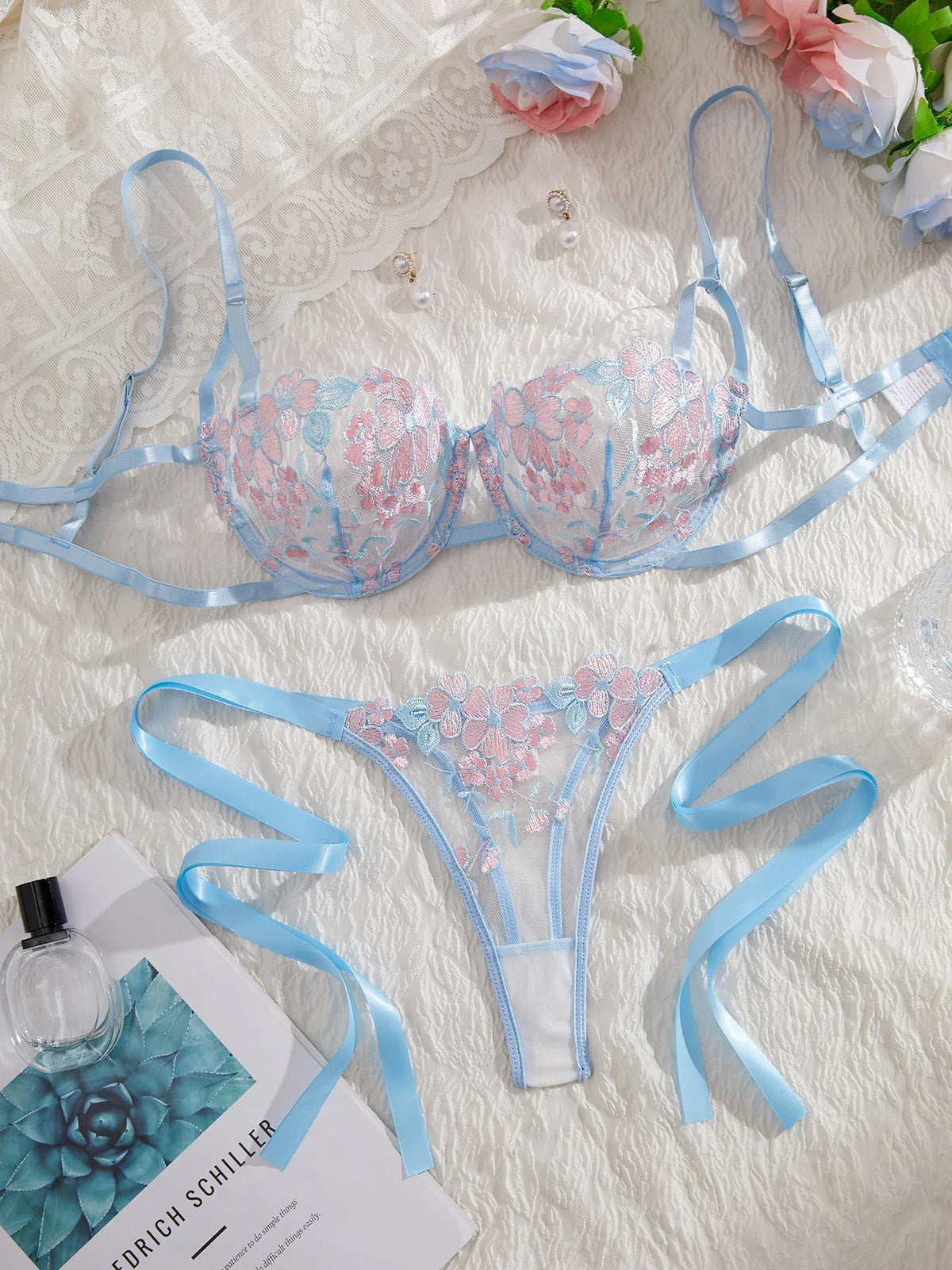 Lady Floral Embroidery Lingerie Set Women Sheer Bra and Brief Underwear Set Satin Sexy Intimates Underwear