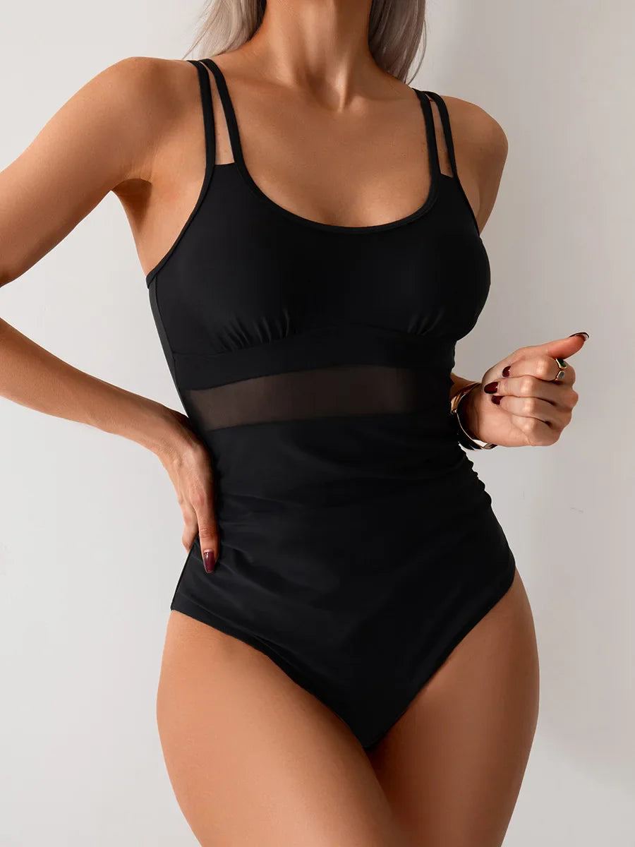 Vintage Mesh Patchwork One Piece Swimsuit Women Black Double Strap Pleate Transaprent Slim Tummy Control Swimwear 2025 Monokini