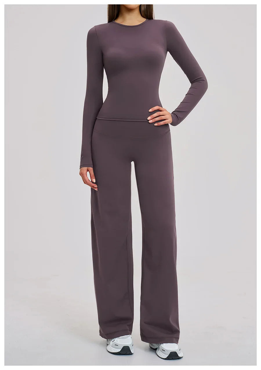 Yoga Set 2 Pieces Women Fitness Sportswear Gym Loose wide-leg pants Long-sleeved T-shirt Sports Crop Tops Tracksuit Workout Wear