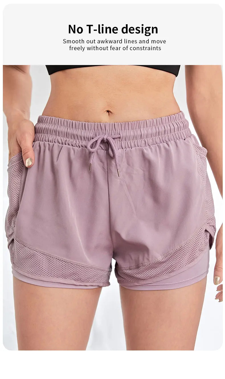 Women's Elastic Sports Shorts, Shorts With Pockets, Fake Two-Piece Yoga Leggings Running And Training