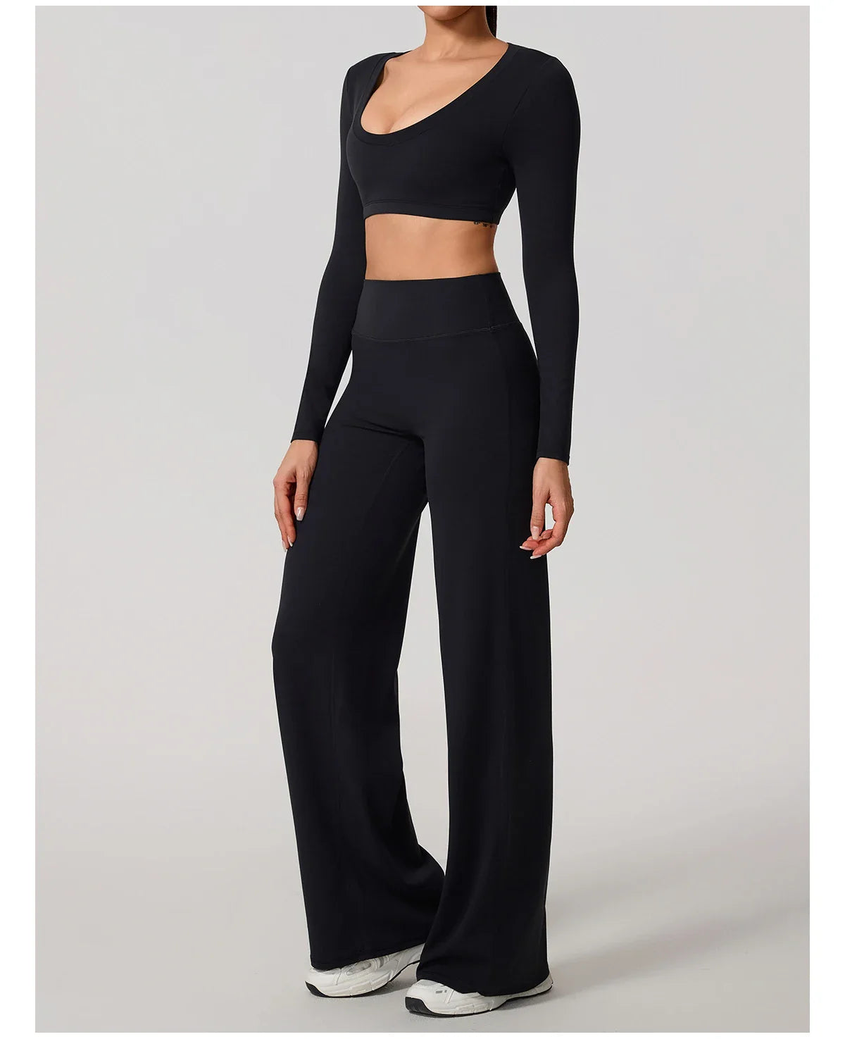 Hearuisavy Sports Set 2Pcs Women'sLong Sleeve Backless Fitted Fitness Top Push Up Pilates Yoga Top Wide Leg Straight Leg Pants