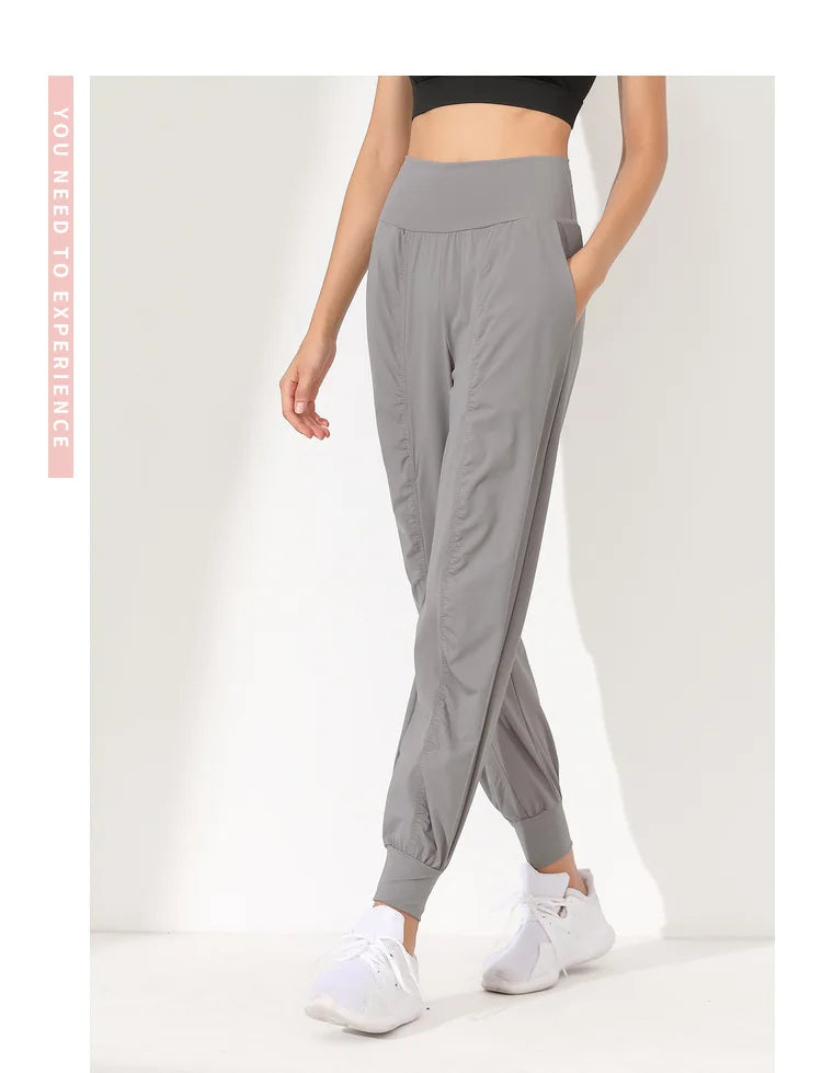 Hearuisavy Yoga Pants Loose Slim Quick-Dry Yoga Pants Pleated Hem Bound Running Fitness Capris Pockets Jogging Pants Woman