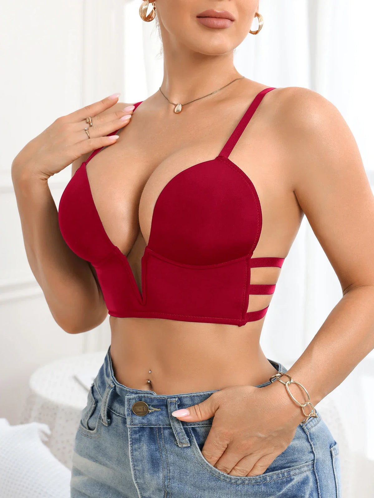 Fashionable Solid Color Women Bra Minimalist Deep V Push up Bra Comfortable and Sexy Underwire Lingerie Underwear