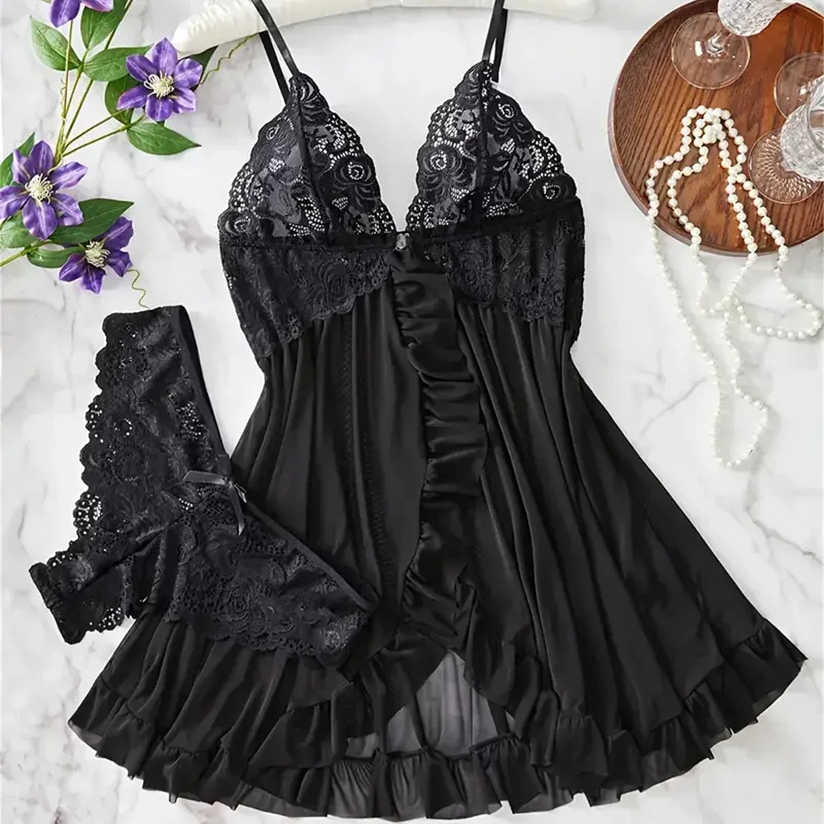 Blue Contrast Lace Ruffle Trim Lingerie Set Women's Nightdress See Through Deep V Mini Dress and Thong Nightgowns Underwear