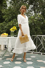 Summer White Maxi Dress for Women 2025 Lace Bohemian V-neck Solid Ruffles Beach Cover Up Wedding Party Vestidos