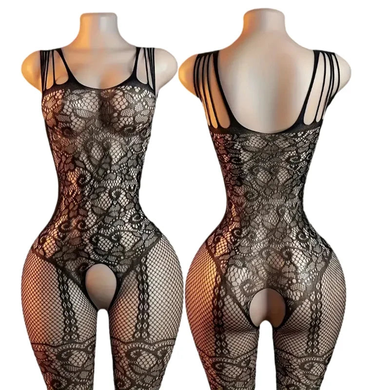 Transparent Fishnet Hollow Lingerie Set Women Hanging Neck Erotic Crotchless Bodystockings Open Bras BodySuits Hot Underwear Set