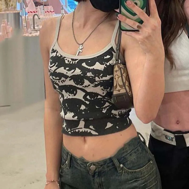 Gothic Portrait Print T-shirt Aesthetic Y2K Crop Tops Short Sleevle Vest Tees Harajuku Streetwear White Suspenders Women Clothes